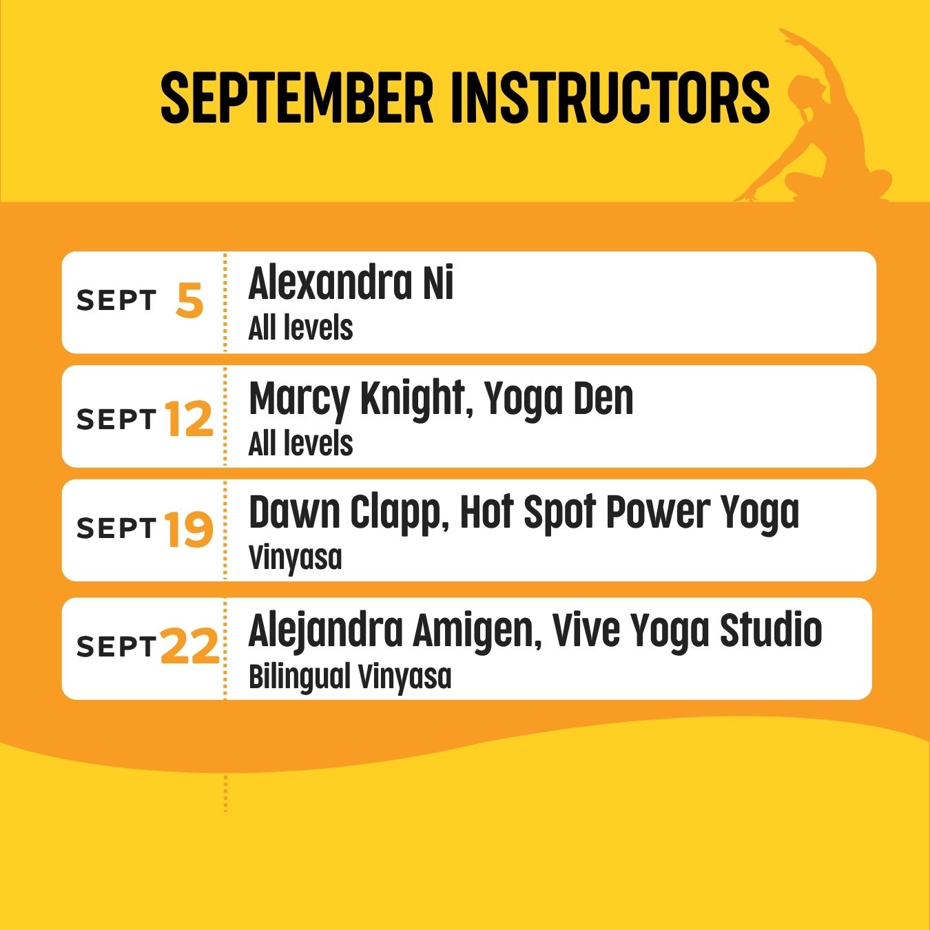 Riverside Arts Market yoga schedule, September 2026