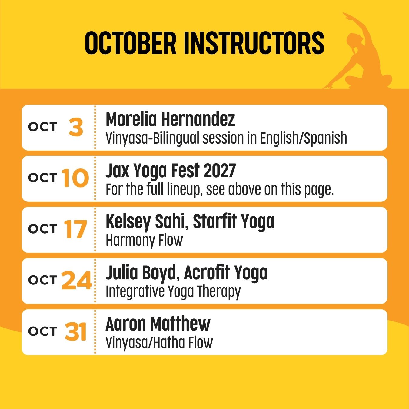 Riverside Arts Market yoga schedule, Oct 2026